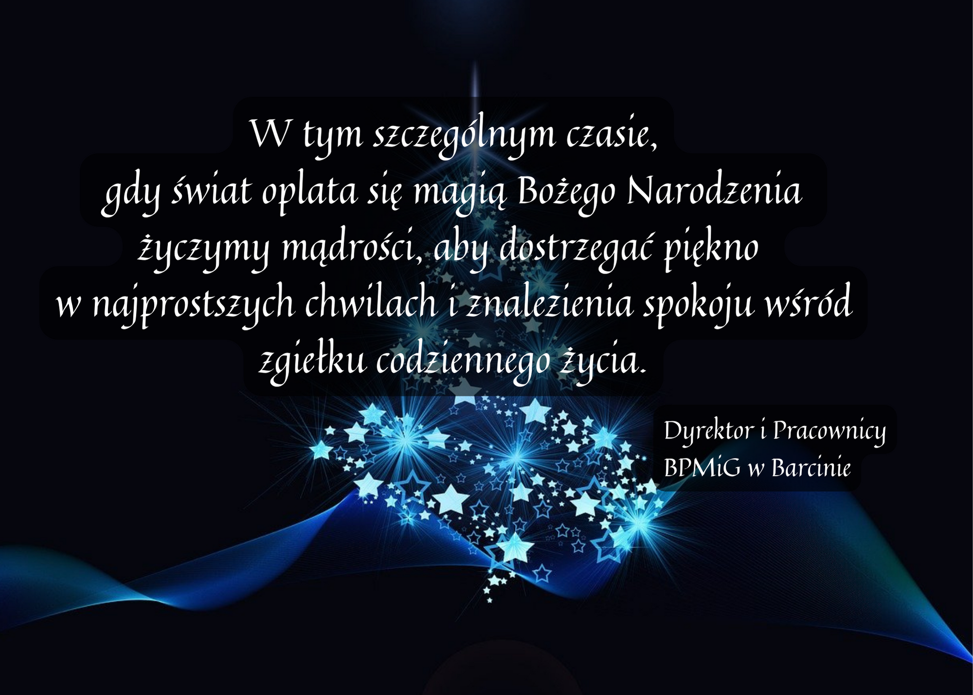  W tym szczególnym czasie, gdy świat oplata się magią Bożego Narodzenia życzymy mądrości, aby dostrzegać piękno w najprostszych chwilach i znalezienia spokoju wśród zgiełku codziennego życia.Dyrektor i PracownicyBPMiG w Barcinie
